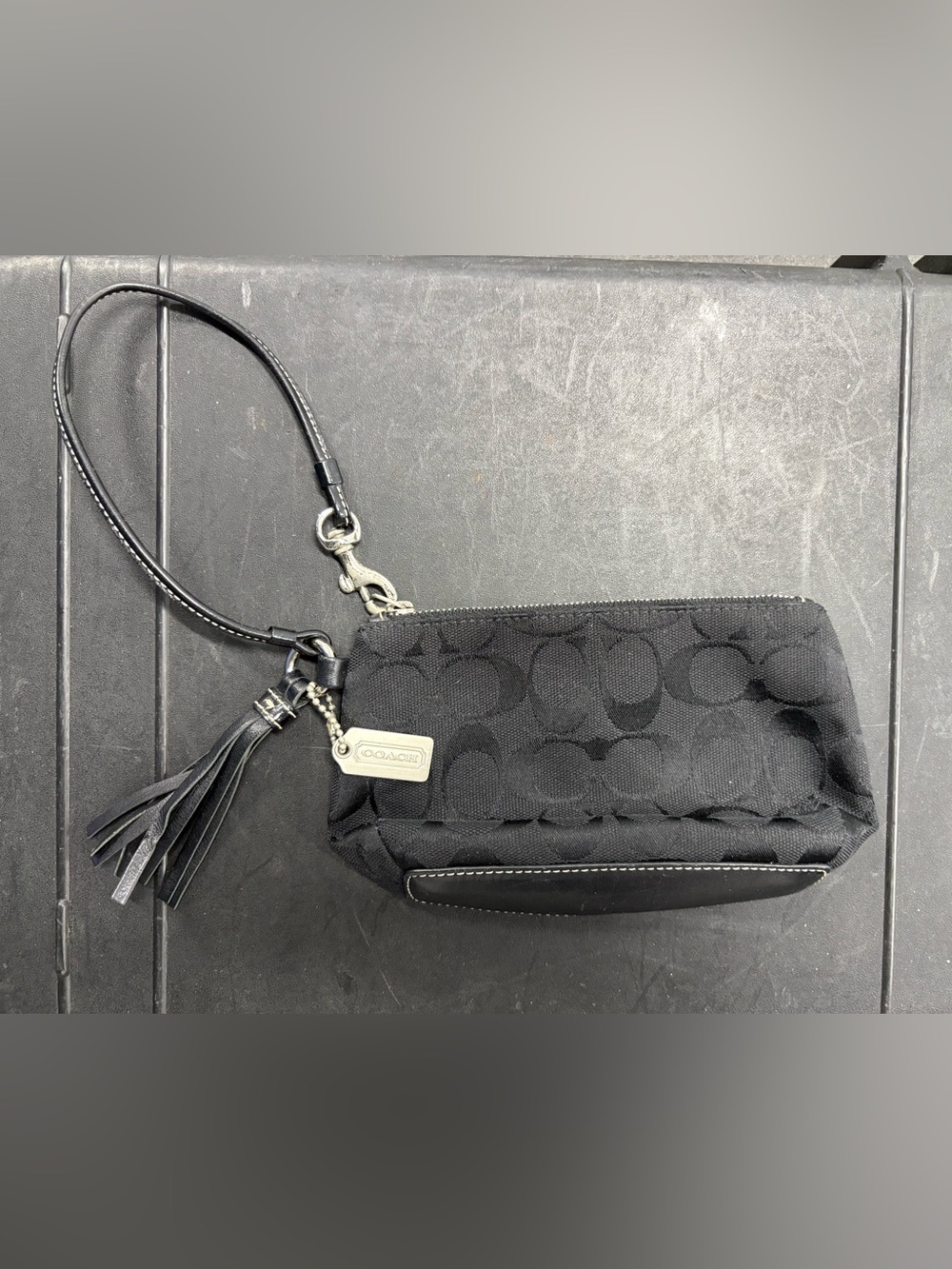 Coach Black Signature Wristlet with Tassel Charm and Logo Tag